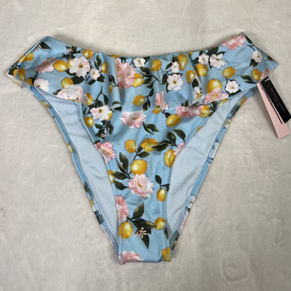 Victoria's Secret Swim Ruffle Bikini High Waist Bottom Small Blue Lemon Floral